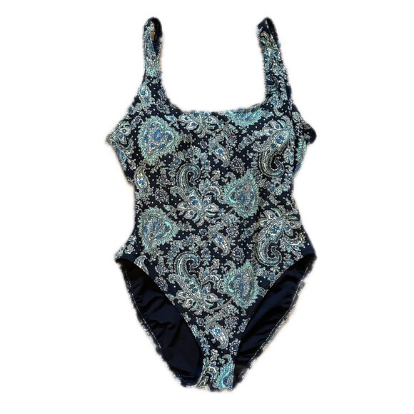MICHAEL KORS |  Women’s One Piece Bathing Suit Paisley w Gold Studs | Blue |  8 - Picture 1 of 7